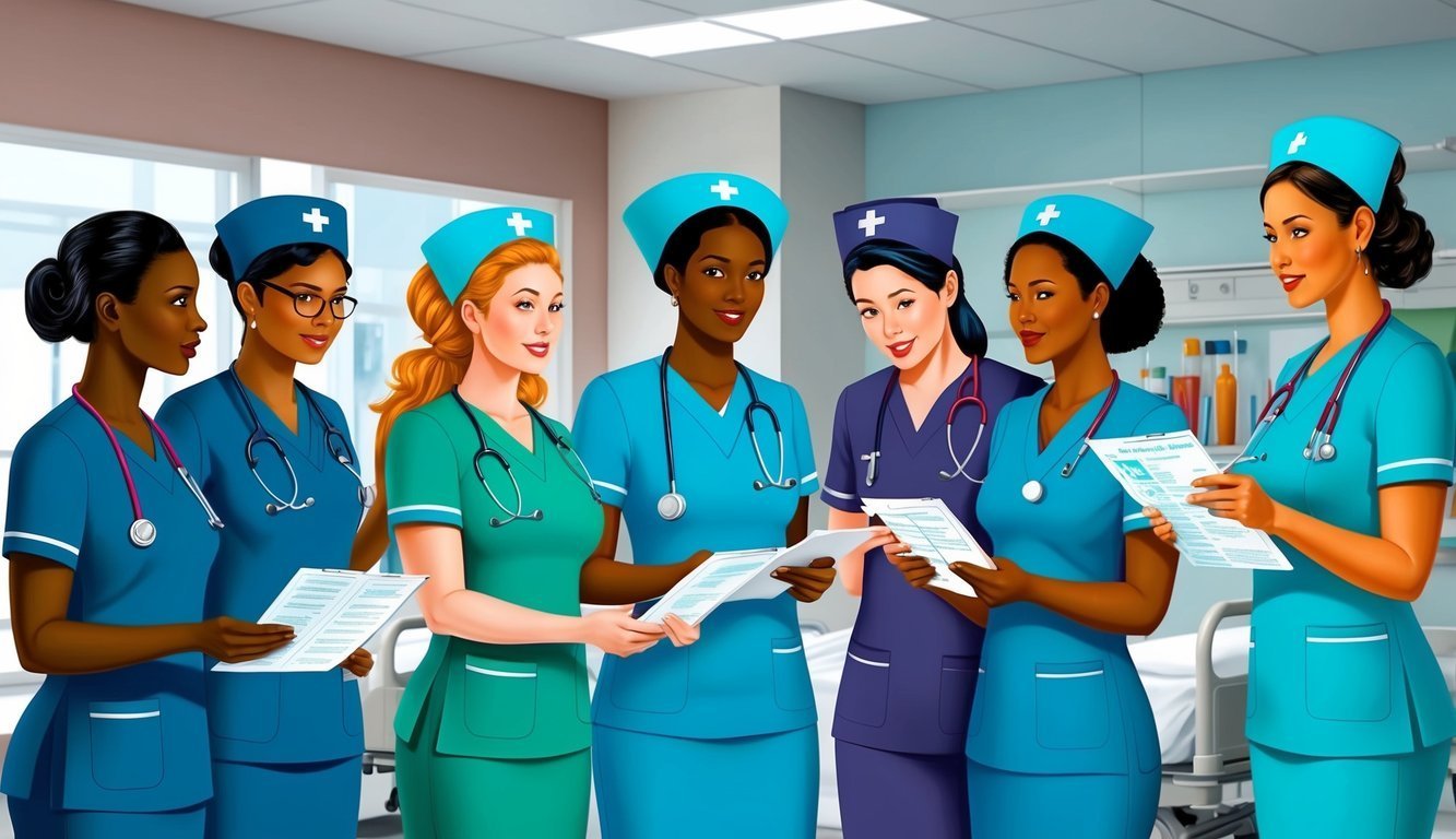 Seven nurses in scrubs and caps, holding papers in a hospital room