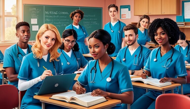 Nursing students in blue scrubs studying in a classroom, smiling at camera