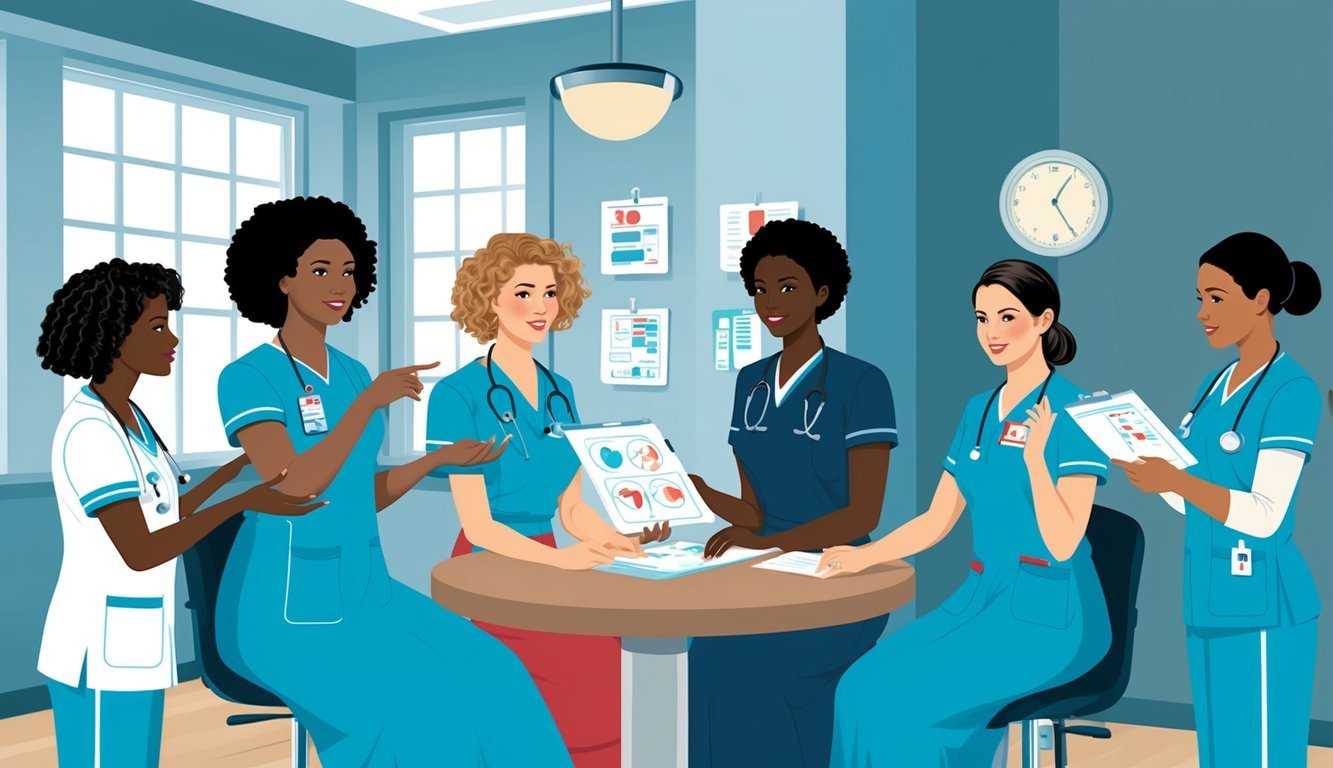 A group of nurses discussing and applying various nursing theories in a hospital setting