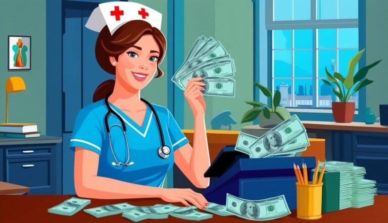 Nurse holding money, smiling, with cash on desk and in a cash register