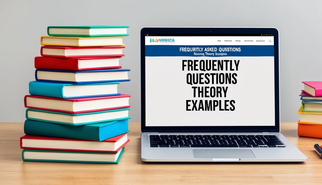 A stack of colorful books on a desk, with a laptop open to a webpage titled "Frequently Asked Questions nursing theory examples"