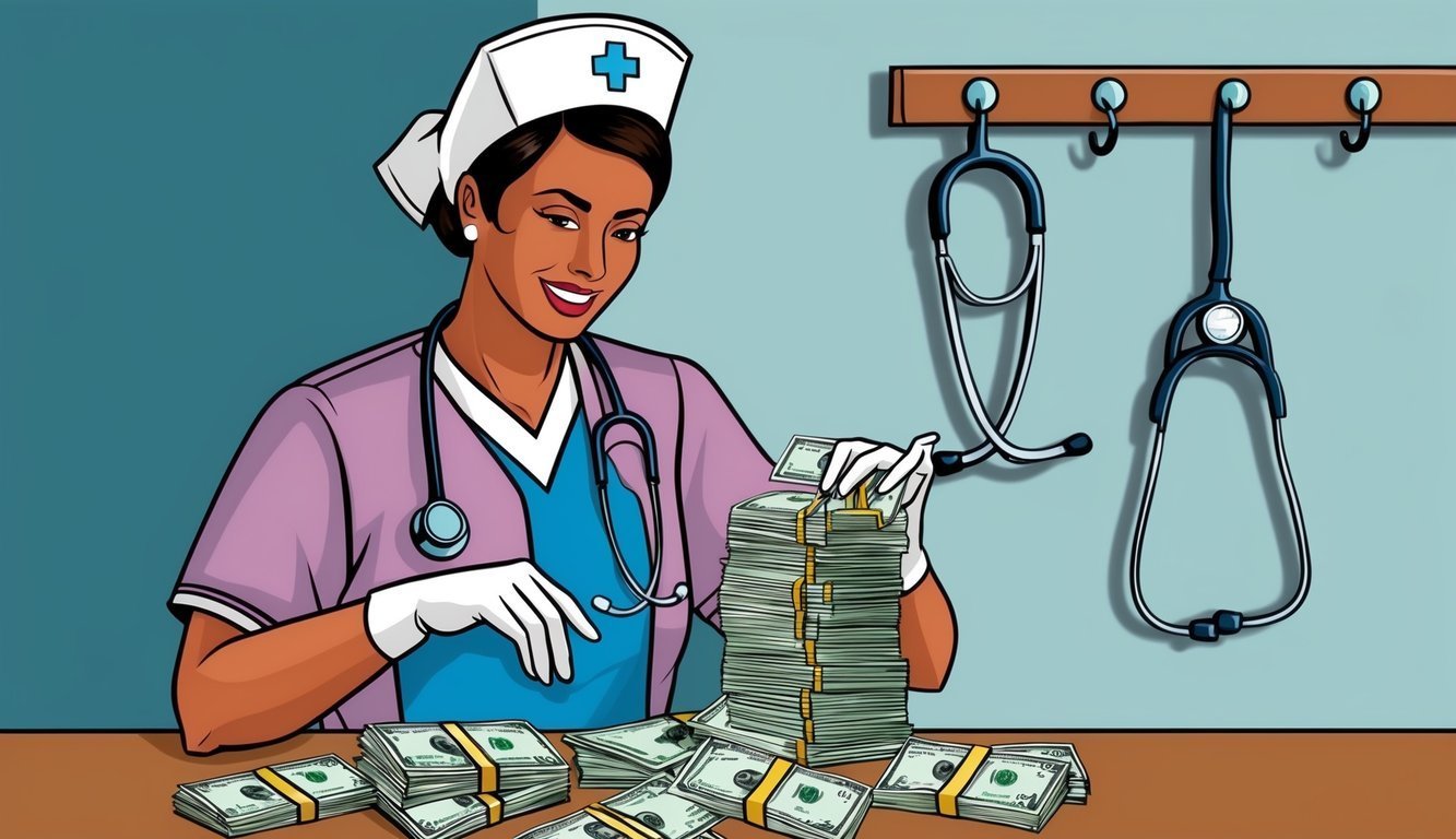 Nurse counting stacks of money with stethoscopes hanging on the wall
