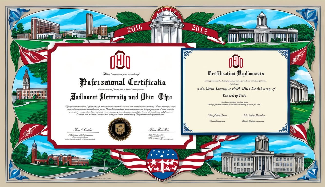 A diploma and certification surrounded by Ohio landmarks and symbols