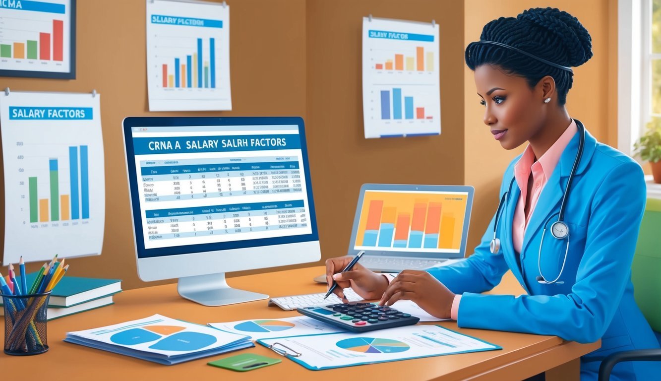 A CRNA in Ohio calculating salary factors on a desk with charts and graphs
