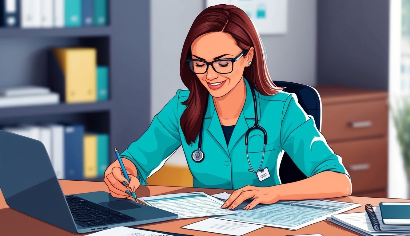 A crna in Ohio calculating salary with a laptop and paperwork on a desk