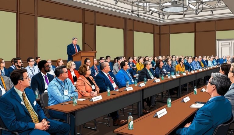 A speaker at a podium addresses a large audience in a conference room