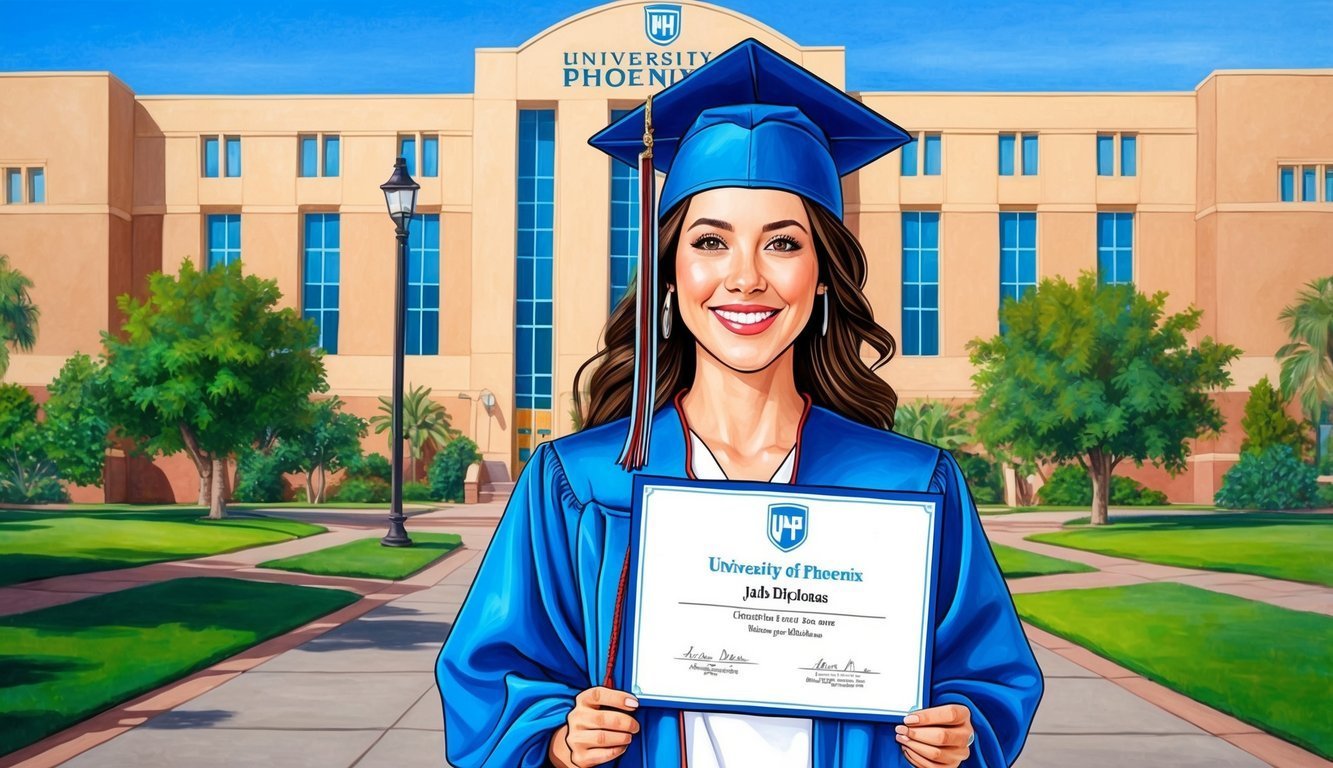 Smiling graduate in cap and gown holding diploma in front of University of Phoenix