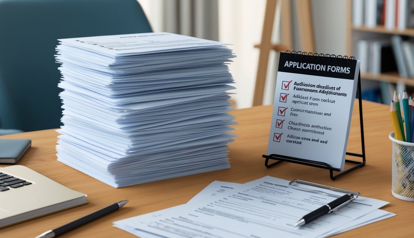 A stack of application forms and a checklist of admission requirements on a desk