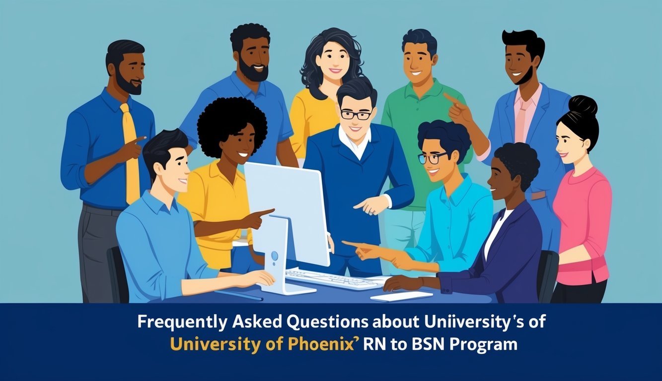 A group of diverse individuals gathered around a computer, pointing and discussing the frequently asked questions about University of Phoenix's RN to BSN program