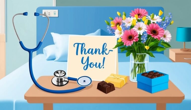 Hospital room with flowers, stethoscope, chocolates, and a "Thank You" sign