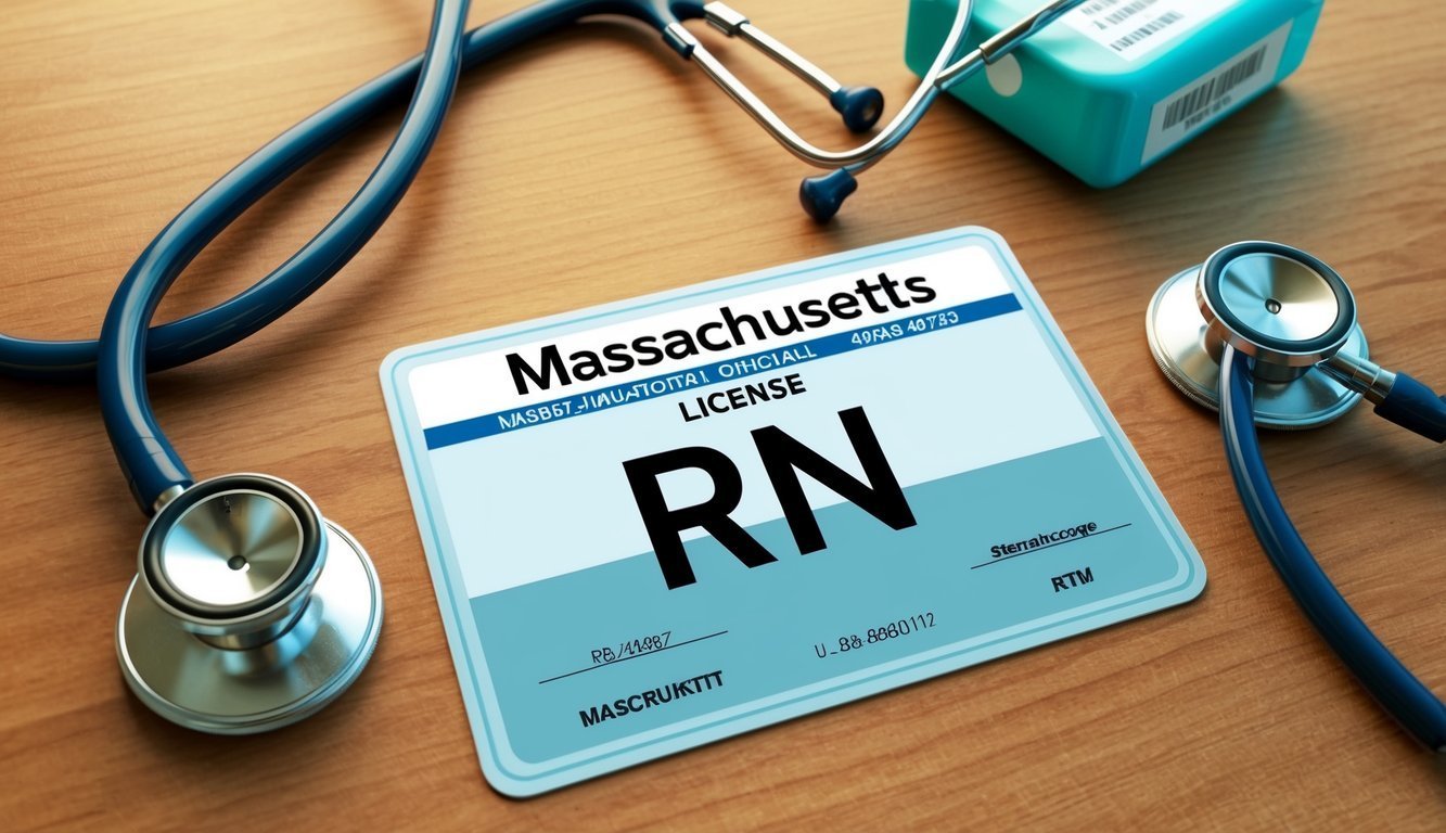 Massachusetts RN license with stethoscope on a wooden surface