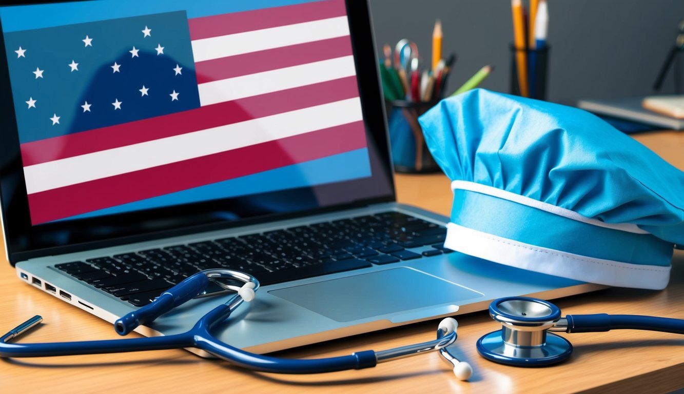 A stethoscope and a nursing cap on a desk next to a laptop with the Massachusetts state flag on the screen