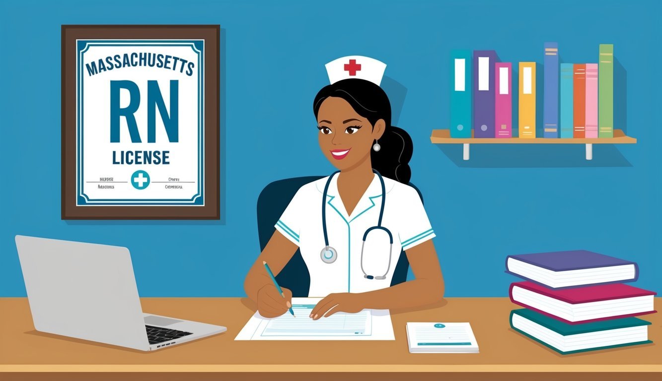 A nurse sitting at a desk, filling out paperwork with a laptop and textbooks nearby.</p><p>A framed Massachusetts RN license hangs on the wall