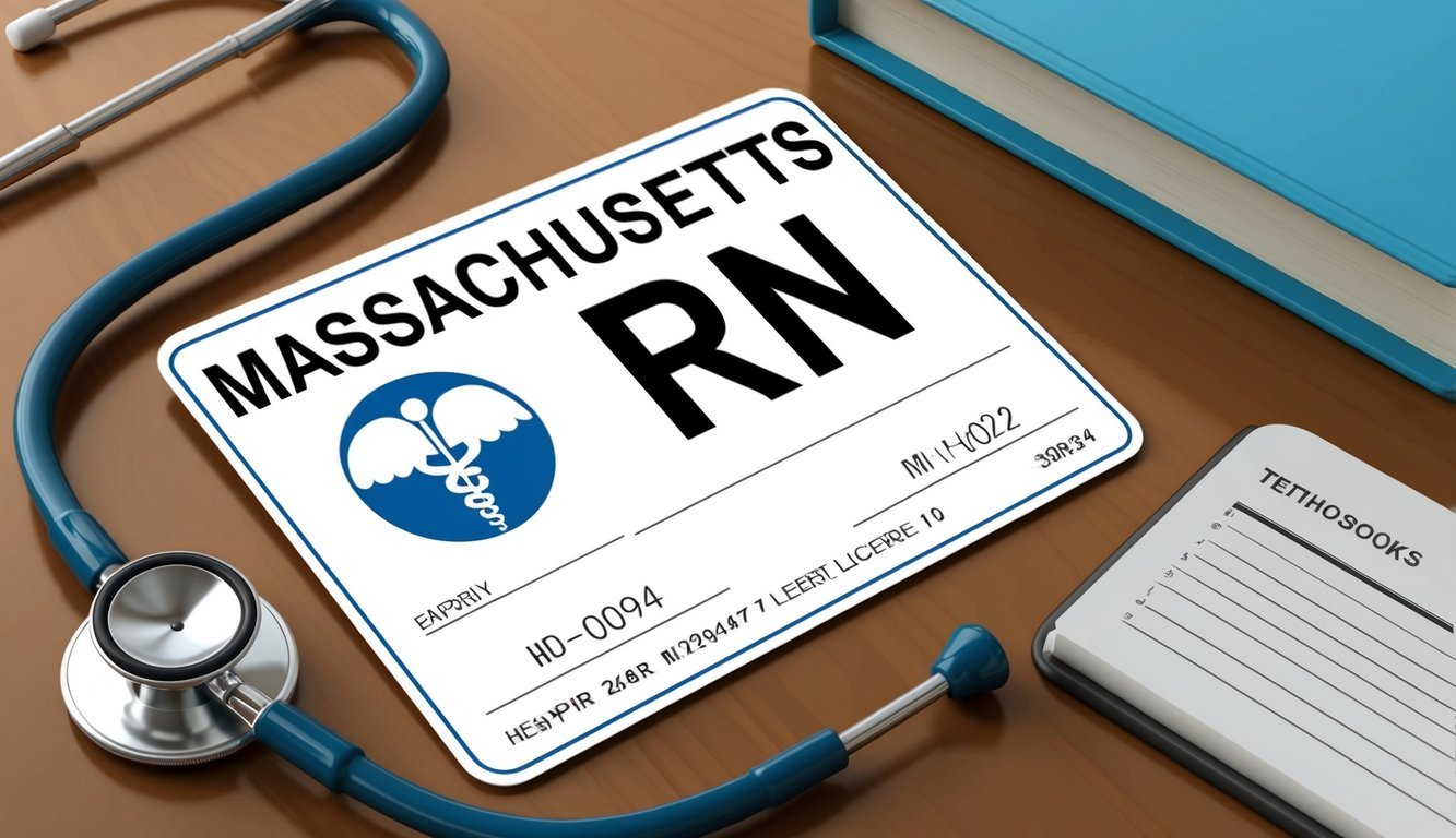 A Massachusetts RN license displayed on a desk with a stethoscope and medical textbooks nearby