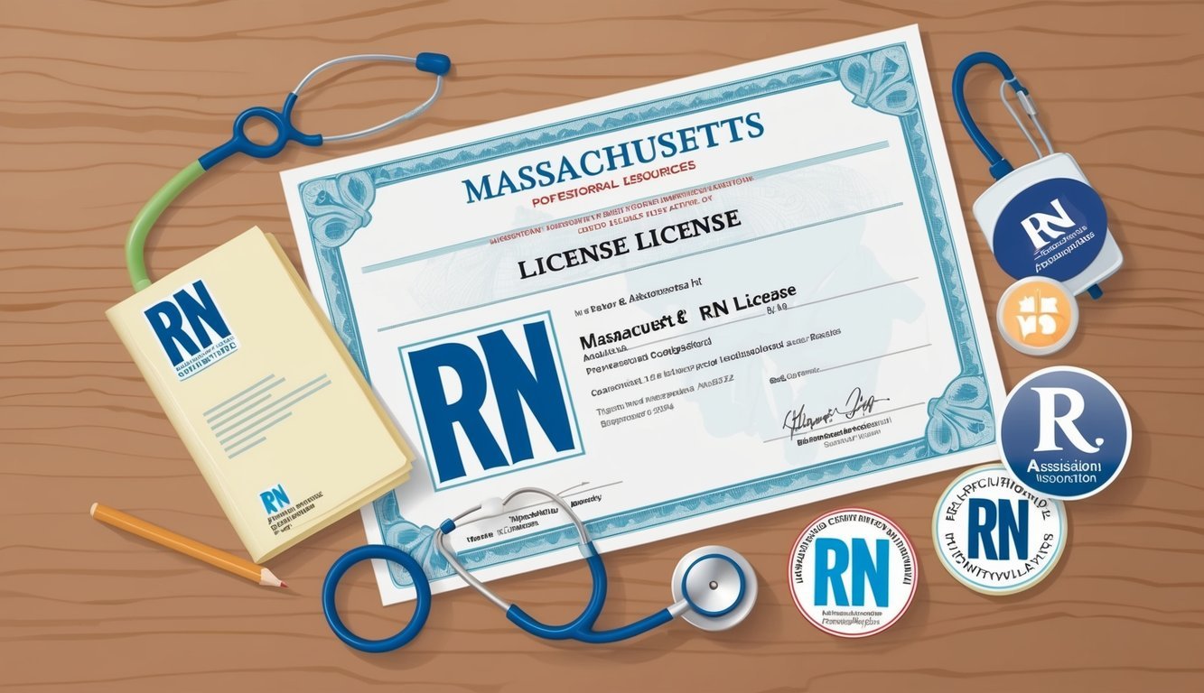 A Massachusetts RN license certificate surrounded by professional resources and association logos
