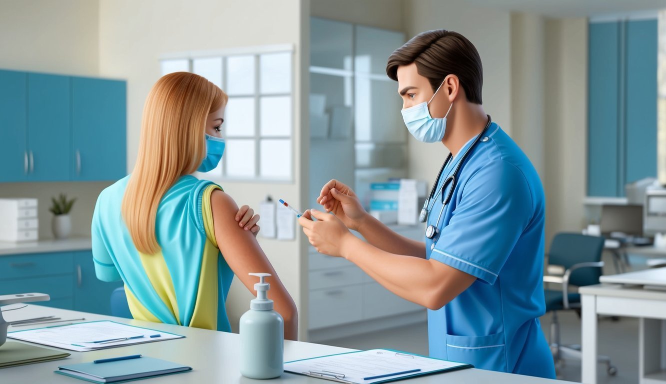 Nurse giving a woman a vaccine shot in a medical office