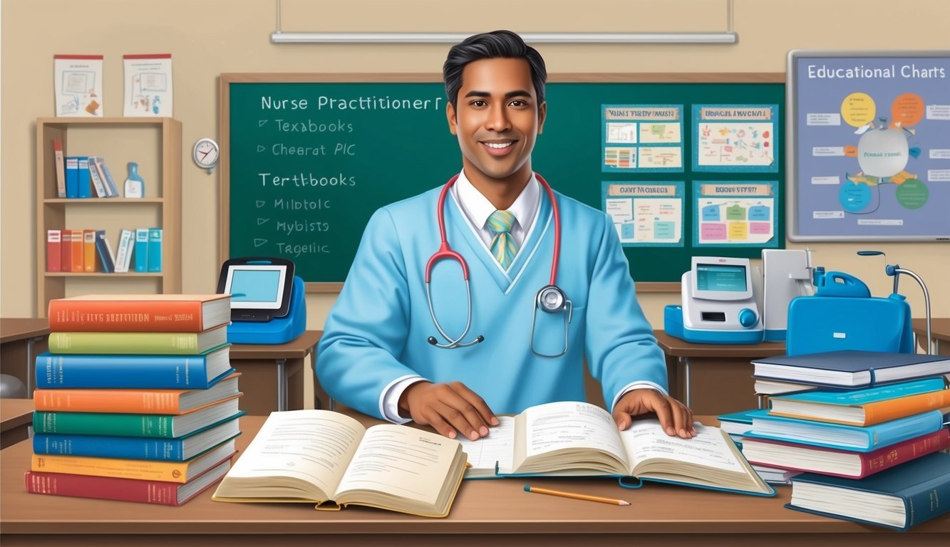 A male nurse practitioner in a classroom surrounded by textbooks, medical equipment, and educational charts