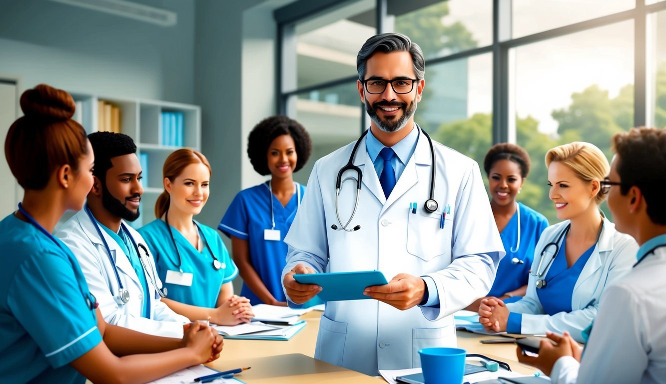 A male nurse practitioner confidently leading a group of healthcare professionals in an educational seminar