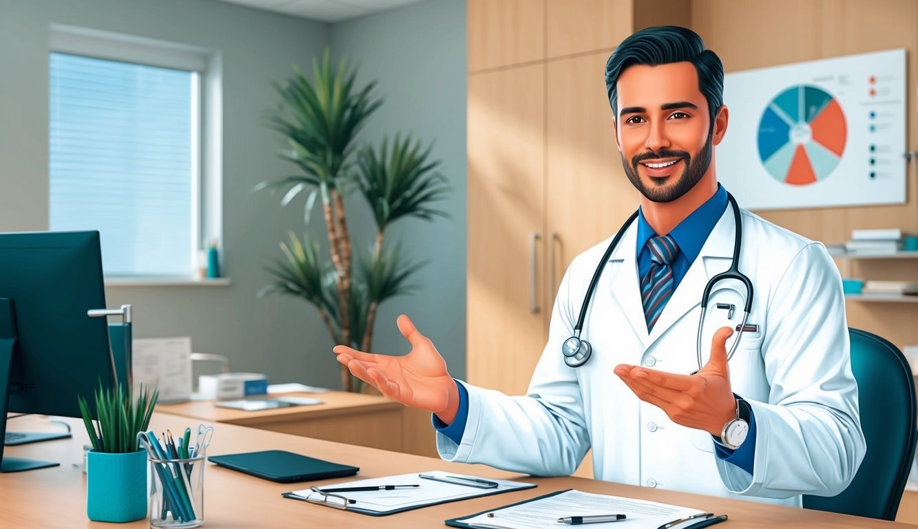 A male nurse practitioner confidently answering questions in a medical office setting
