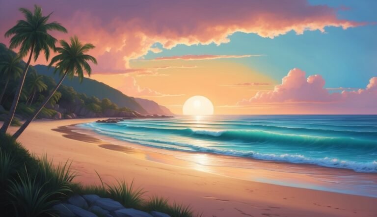 Beach scene with palm trees, ocean waves, and a sunset sky