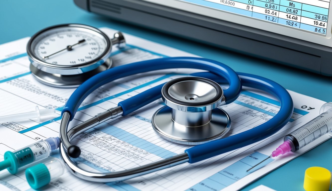 A stethoscope resting on a medical chart, surrounded by a sphygmomanometer, syringe, and a computer displaying patient data