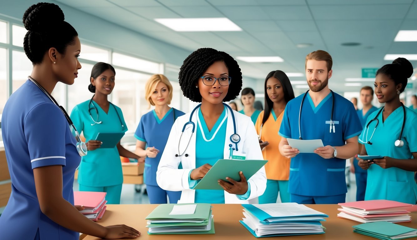 A nurse practitioner reviewing patient files and consulting with medical staff in a busy hospital setting