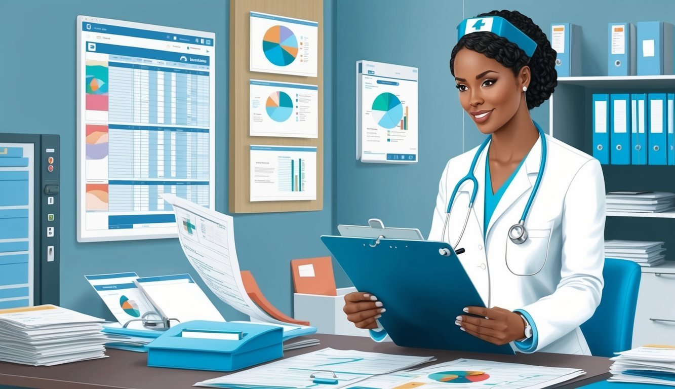 A nurse practitioner reviews patient charts in a modern clinic setting, surrounded by medical equipment and files