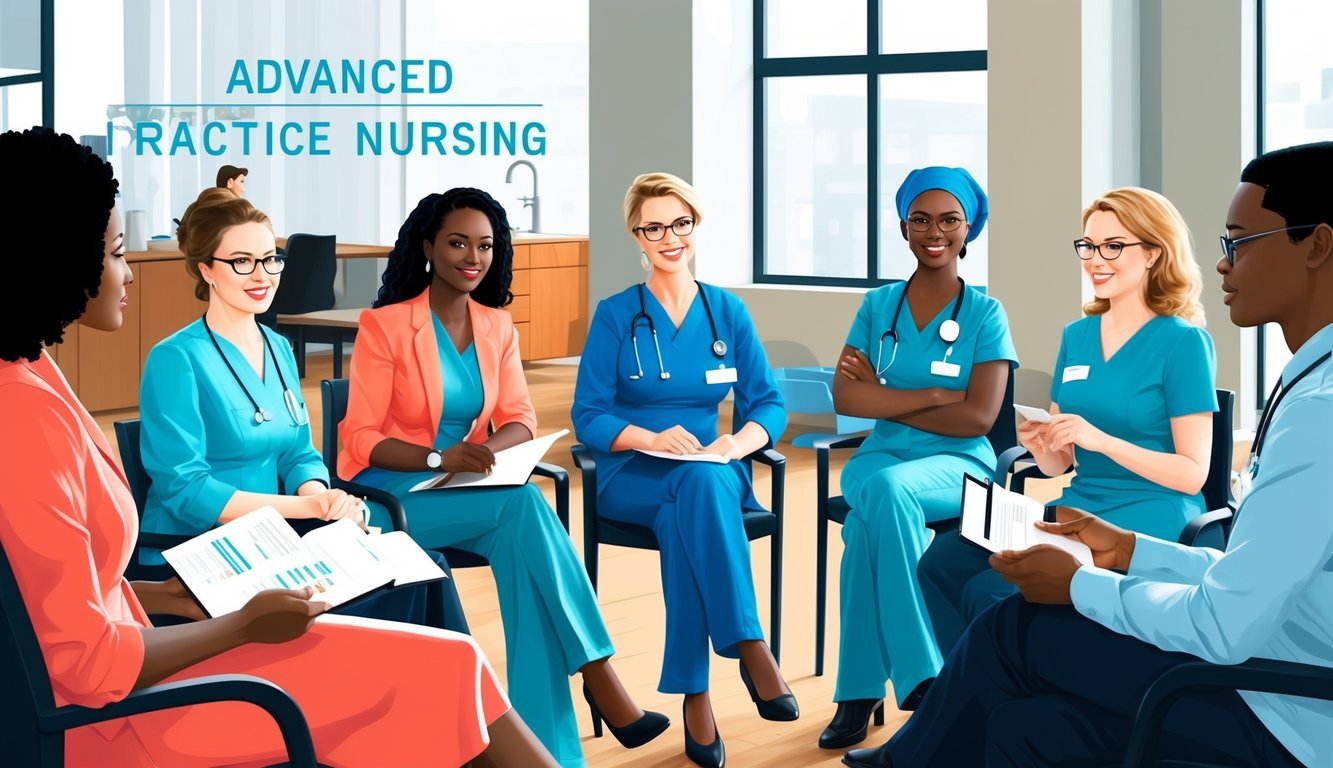 A group of professionals attending a workshop on advanced practice nursing, discussing career development and advancement opportunities