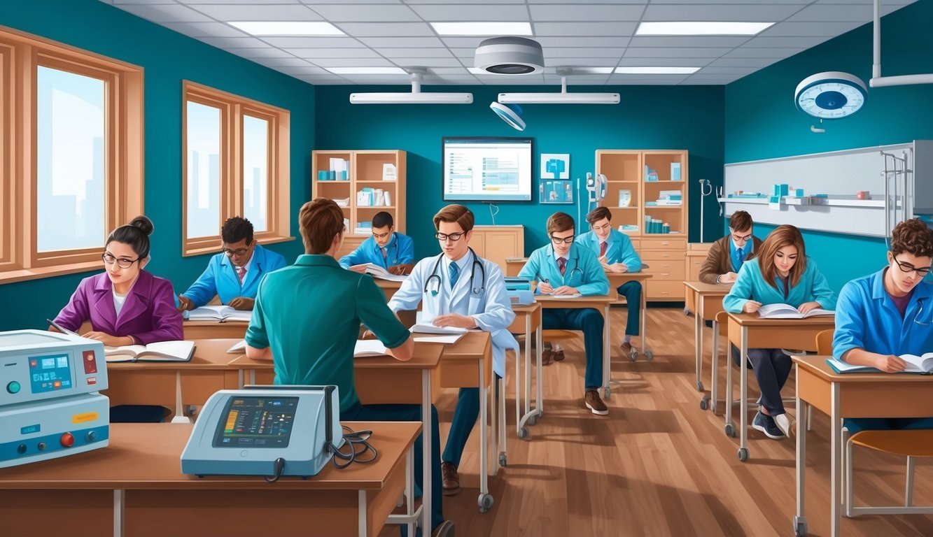 A classroom with medical equipment and students studying
