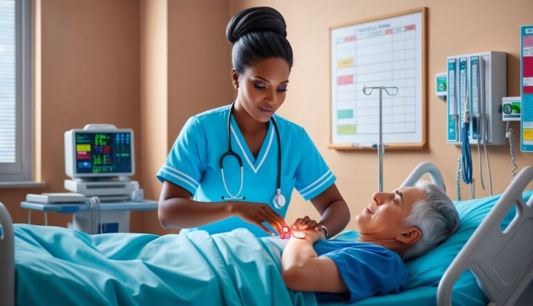 Nurse checking patient's pulse in hospital room with medical equipment