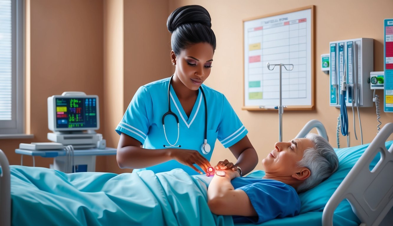 Nurse checking patient's pulse in hospital room with medical equipment