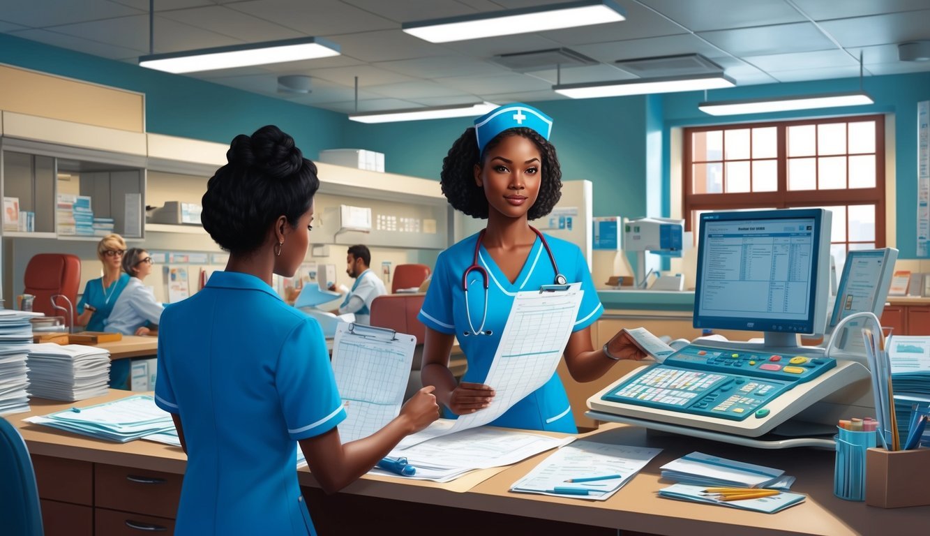 A nurse reviewing charts at a busy hospital station