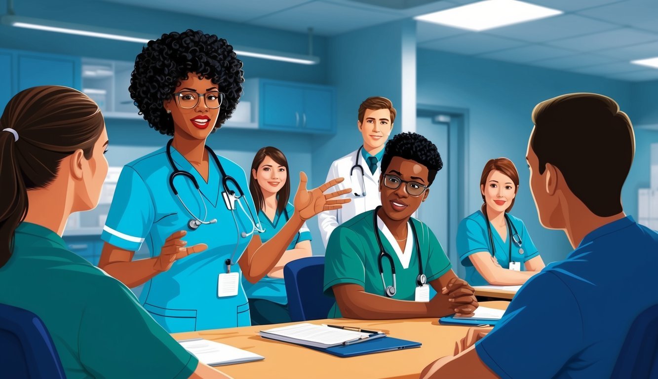A nurse answering questions from students during clinical rotations