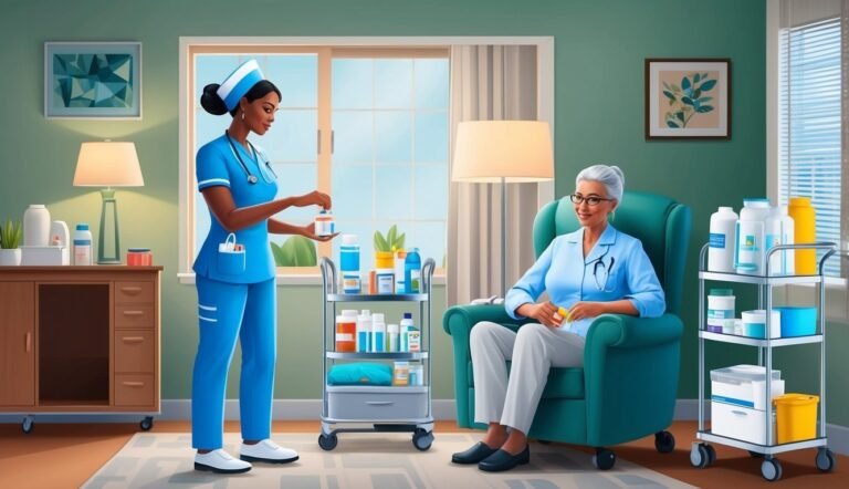 Nurse giving medication to a senior woman in a home setting