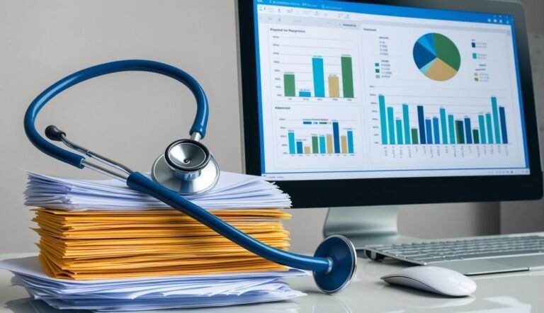 Stethoscope on files, computer screen with charts, medical data analysis concept