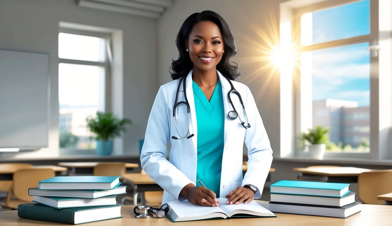 Smiling Black female doctor in white coat with stethoscope, books