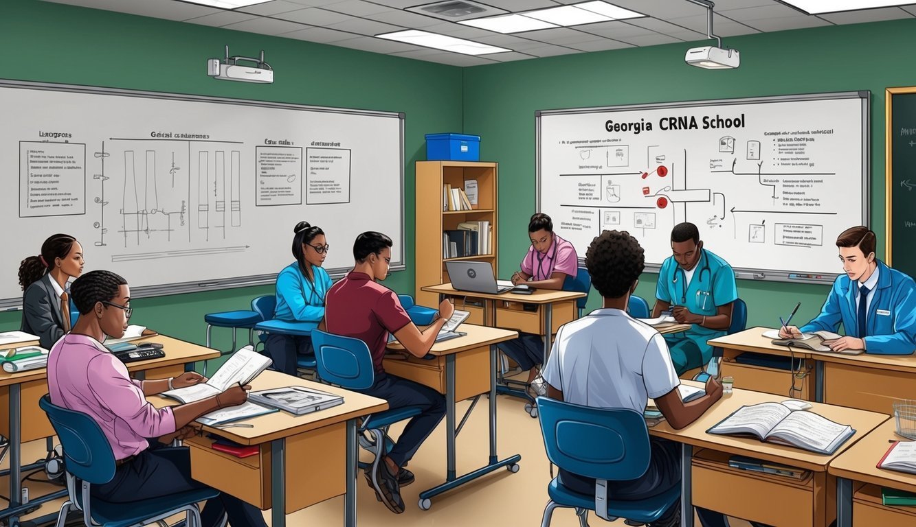 Classroom with students studying, whiteboards with diagrams, and the words "Georgia CRNA School."
