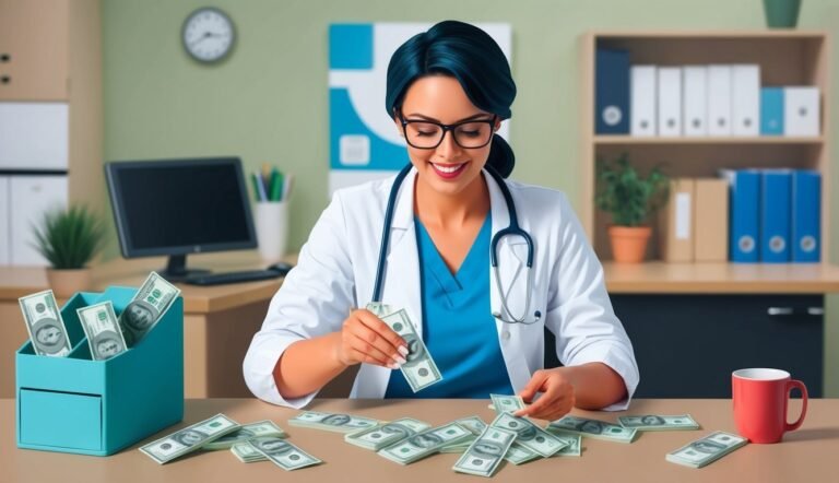 Smiling doctor counting money at her desk with a stethoscope