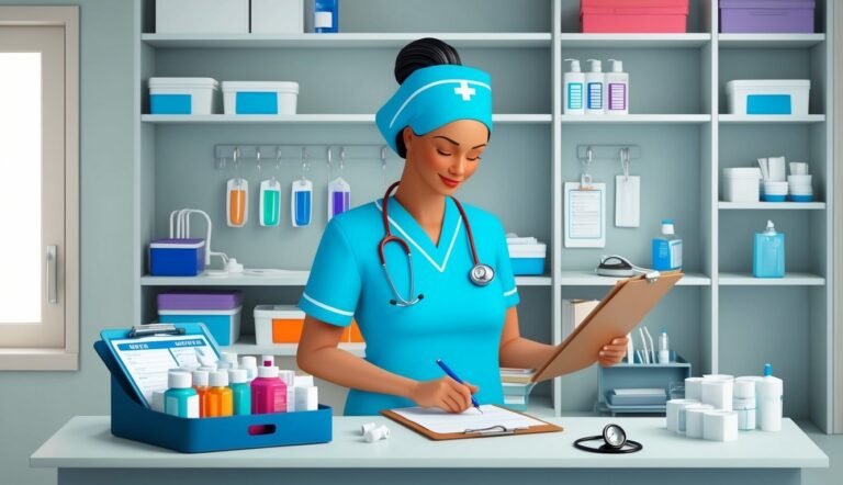 Nurse in blue scrubs writing on a clipboard in a medical supply room