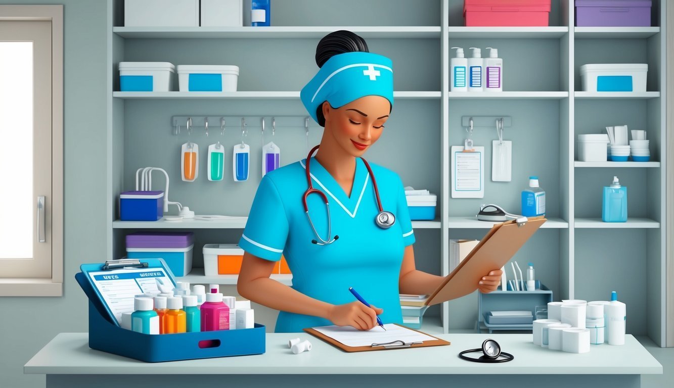Nurse in blue scrubs writing on a clipboard in a medical supply room