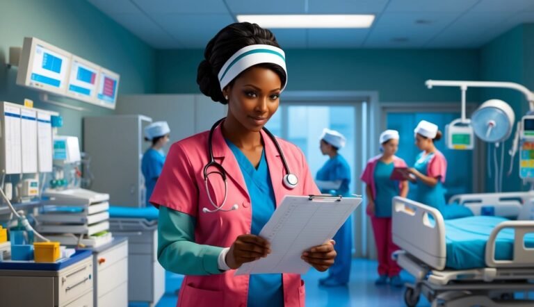 Nurse in pink scrubs holding a clipboard in a hospital room