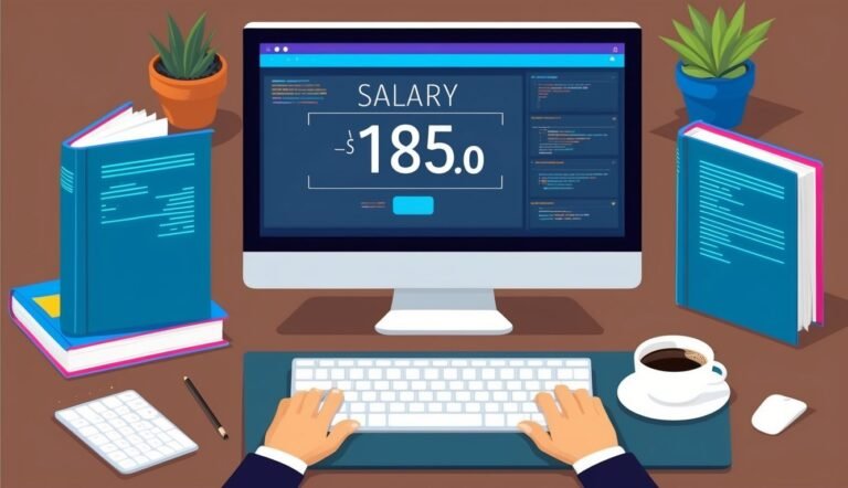 Computer screen displaying salary, books, keyboard, coffee, and plants on a desk