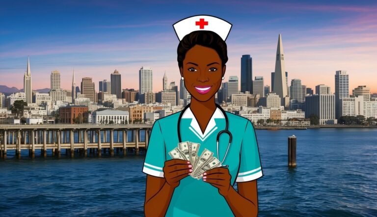 Nurse holding money in front of San Francisco skyline