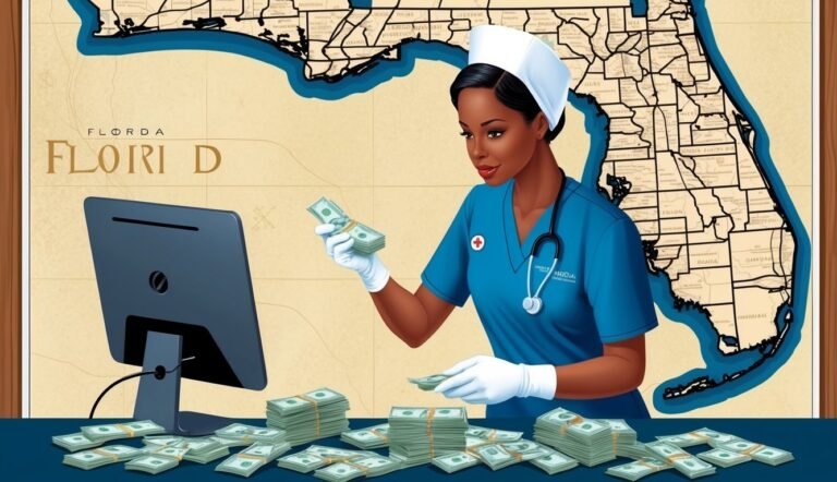 Nurse counting money in front of a Florida map and computer