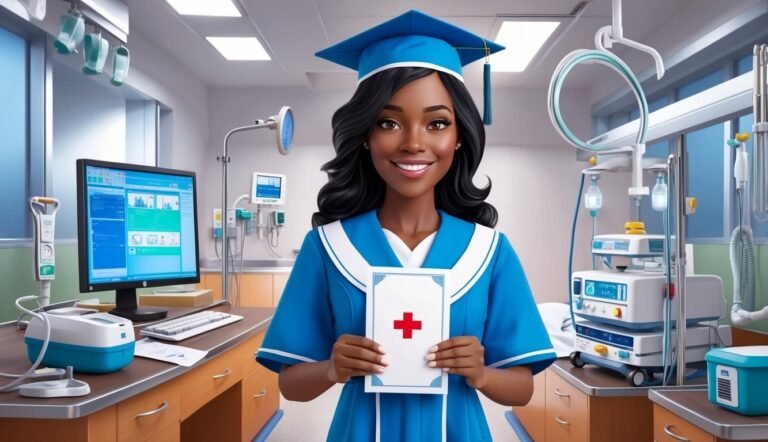 Smiling nurse in graduation cap holding a certificate with a red cross