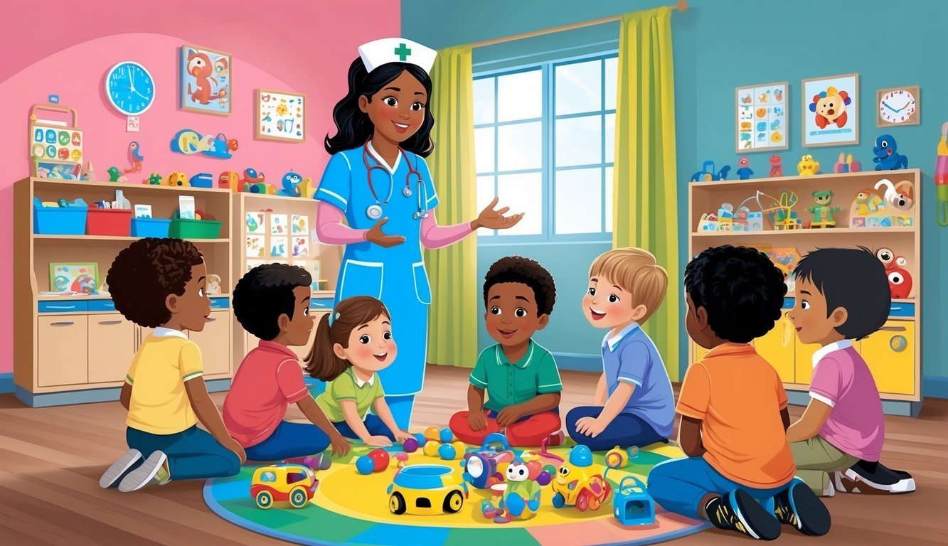 Nurse with children in a colorful playroom, surrounded by toys