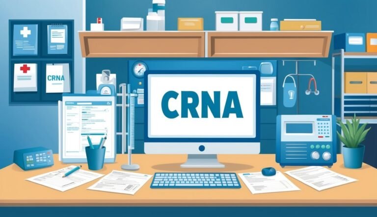 Illustration of a medical office desk with a computer screen displaying "CRNA"