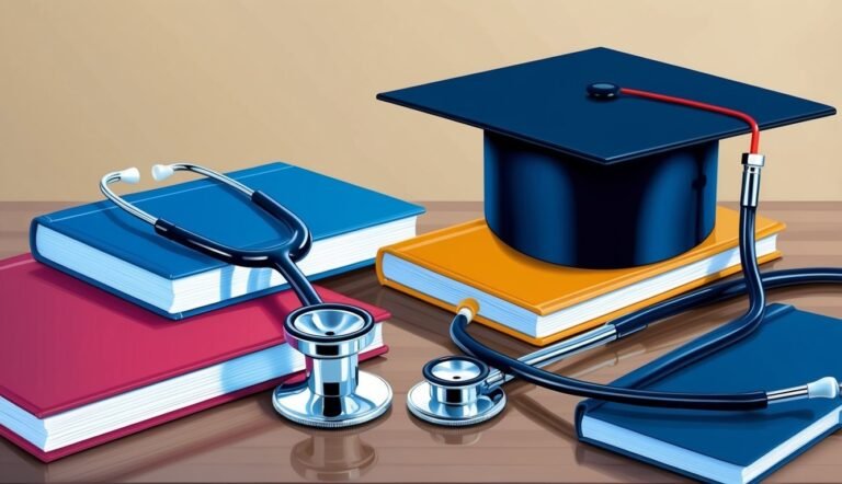 Graduation cap, stethoscope, and books on a wooden surface. Medical education concept