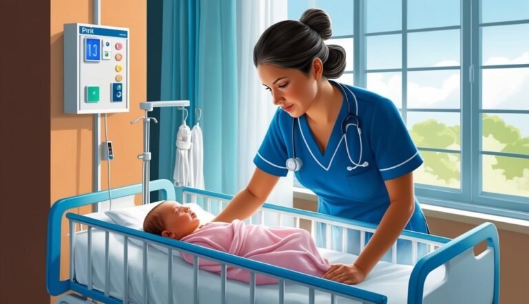 Nurse in blue scrubs tending to a newborn baby in a hospital crib