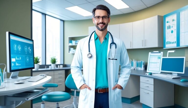Smiling doctor in a medical office, wearing a stethoscope and lab coat